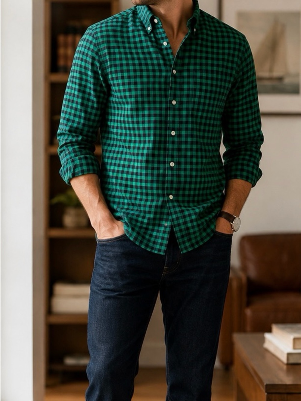 J.Crew XL Slim Oxford Green Black Plaid Button Down Shirt